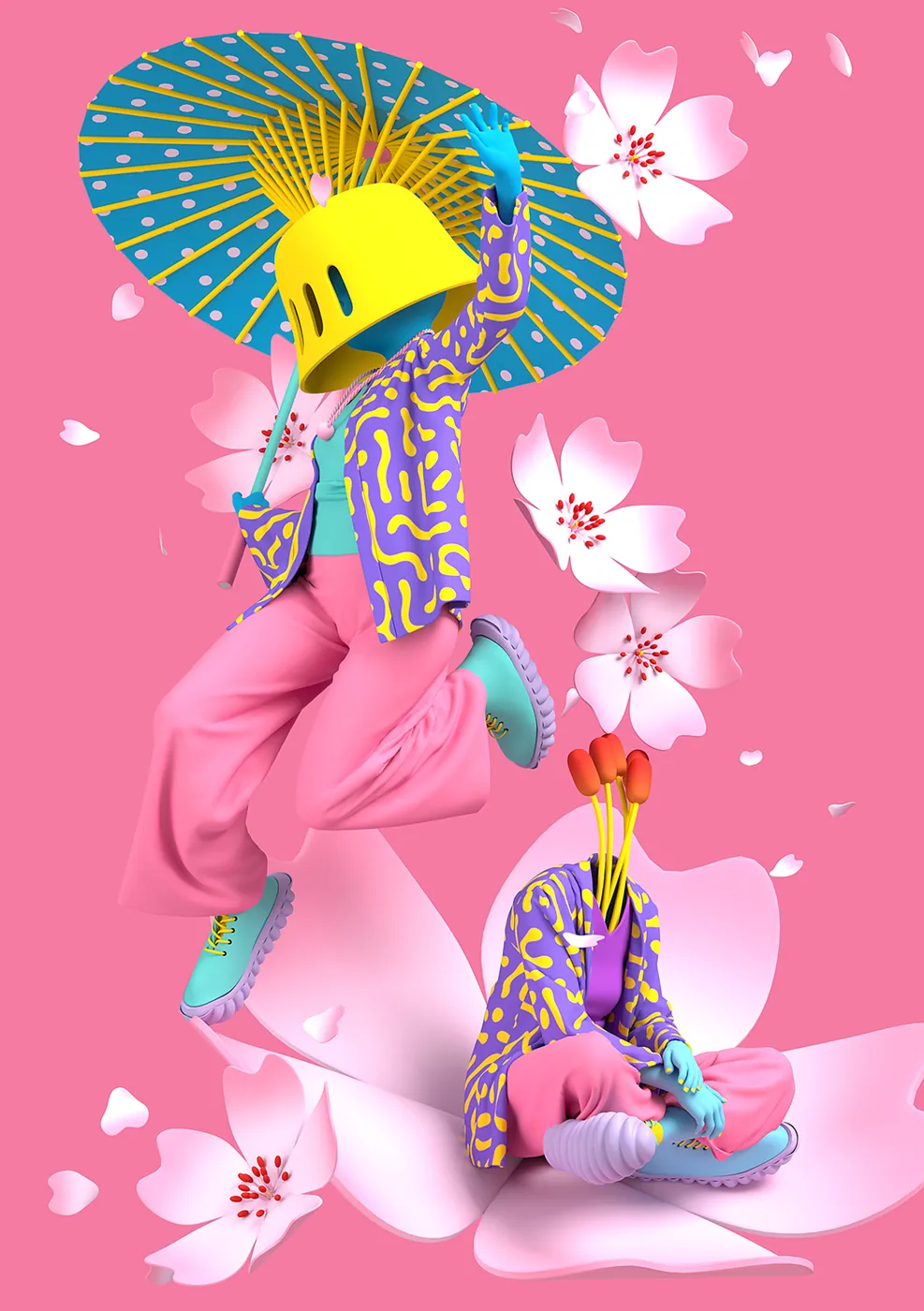 Character under a parasol among cherry blossoms