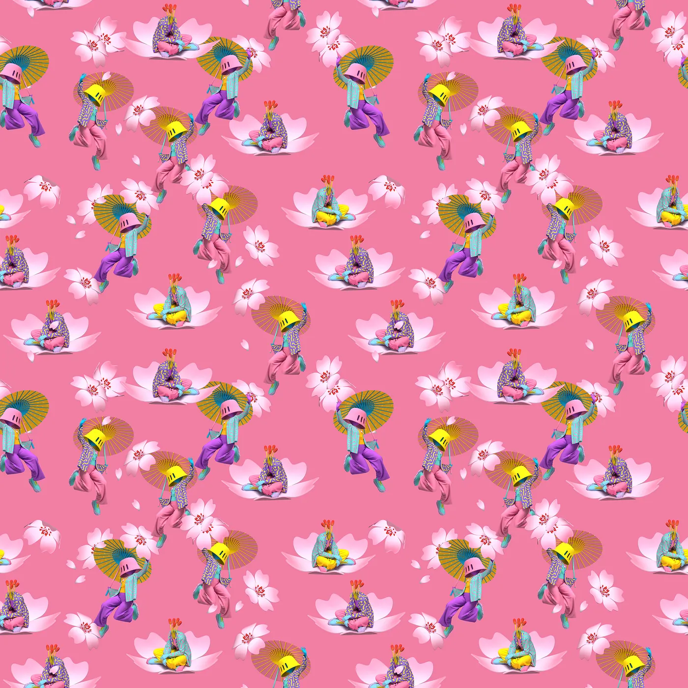 Seamless repeating pattern of characters and blossoms on pink